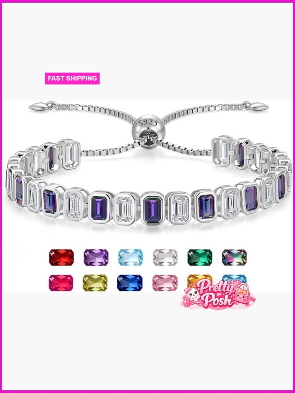 Sterling Silver Tennis Bracelet, Emerald Cut Bezel Set with Adjustable Chain,